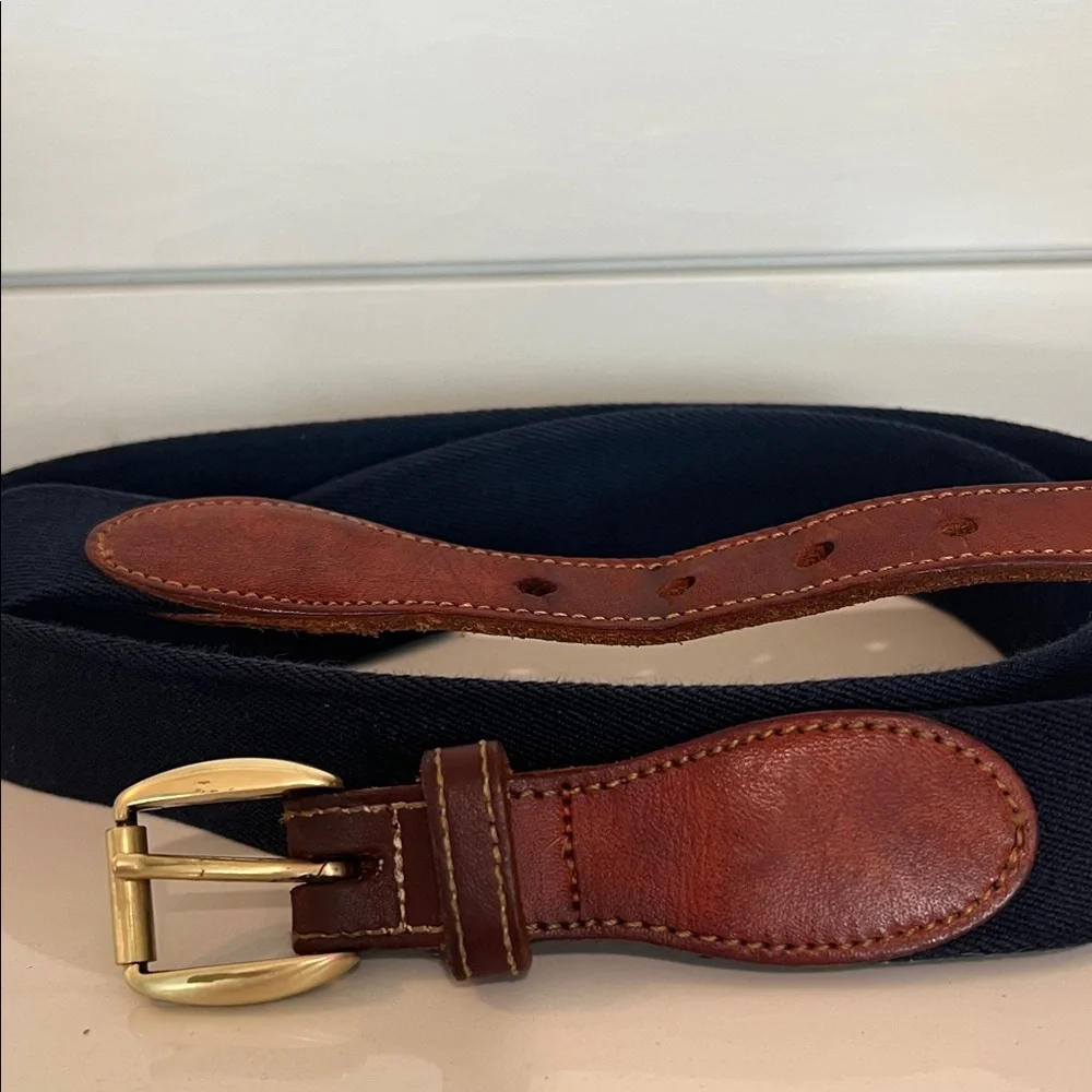 Men's Navy Canvas Belt with Brown Leather With Solid Brass Buckle Size 40
